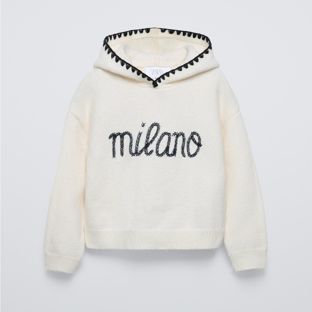 Zara kids hooded knit Cream Hoodie with Milano Embroidery